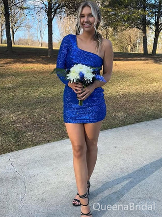 Popular Blue One-sleeve Homecoming Dress Graduation Party Dress , QB0913