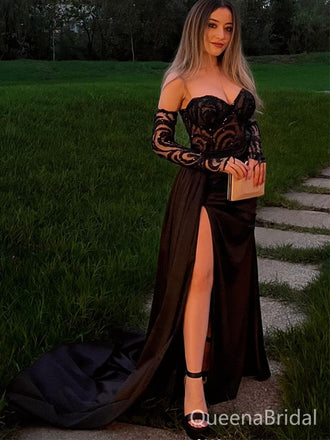Sexy Black A-line Sweatheart Slit Long Formal Gown to Impress,WGP1835