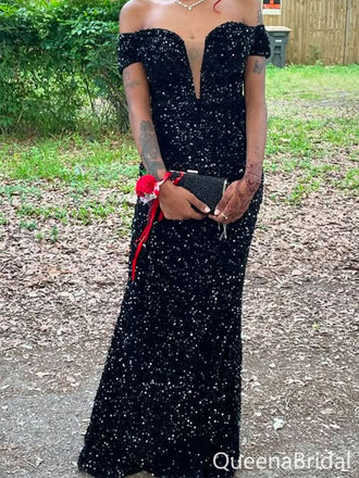 Sparkly Black Off-shoulder Mermaid Long Formal Gown to Impress,WGP1902