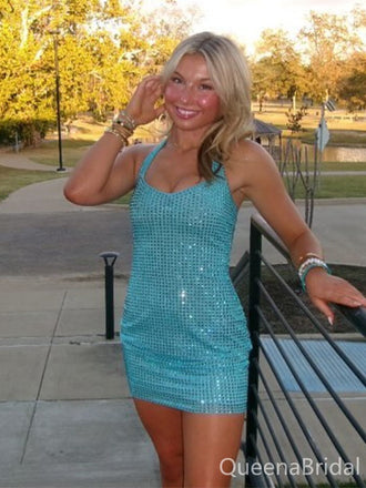 Sparkly Blue Spaghetti Straps Homecoming Dress Graduation Party Dress , QB0936