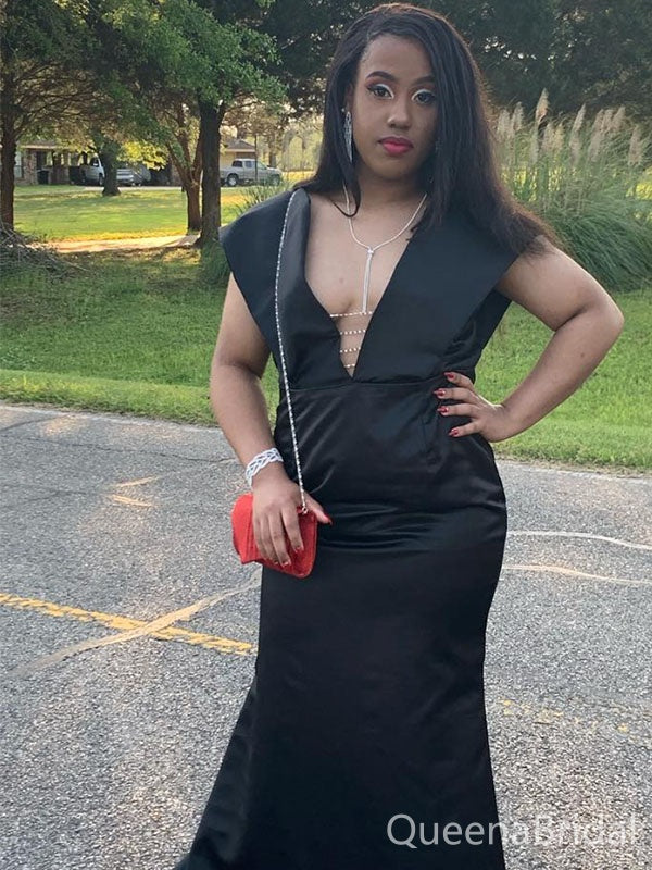 mermaid dress to impress Party Dress Formal Wedding Guest Sweep / Brush Train Long Sleeve V Neck Sequined with Sequin dress 2026 unforgettable statement at your 2025 prom in the Black Satin Lace Mermaid Prom Dress 25113 Sexy Black Mermaid V-neck Long