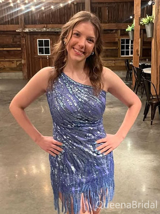 Sparkly Blue One-shoulder Homecoming Dress Graduation Party Dress , QB0914