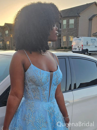 Popular Blue Spagehetii Straps A-line Long Formal Gown to Impress,WGP1791