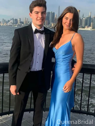 Elegant blue Mermaid V-neck Spaghetti Straps Long Prom Dress to Impress,WGP1735