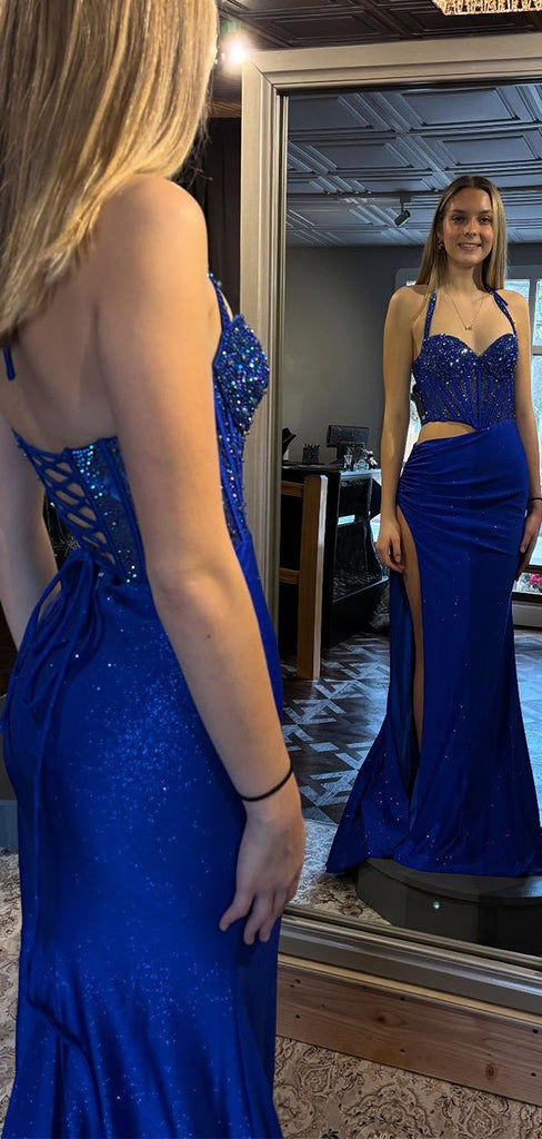 Gorgeous Blue Sweatheart Mermaid Spaghetti Strap Lace up Long Prom Dress to Impress,WGP1727