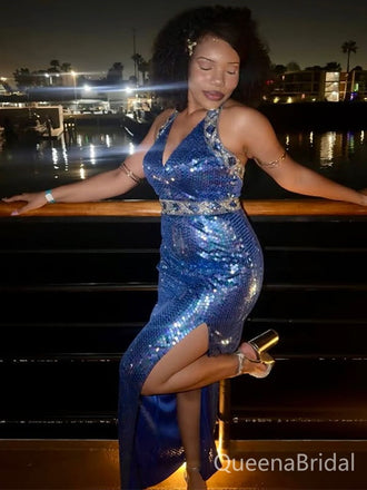 Sparkly Blue V-neck Mermaid Long Formal Gown to Impress,WGP1798