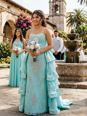 Gorgeous Turquoise Blue Lace Beaded Ruffled Train Strapless Quinceanera Dress, WGP2294
