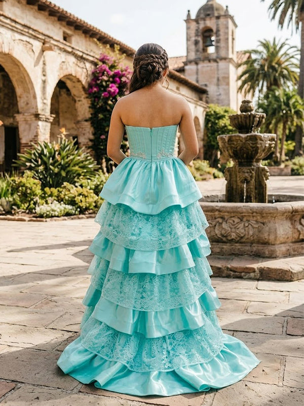 Gorgeous Turquoise Blue Lace Beaded Ruffled Train Strapless Quinceanera Dress, WGP2294