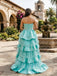 Gorgeous Turquoise Blue Lace Beaded Ruffled Train Strapless Quinceanera Dress, WGP2294