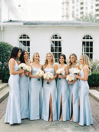 Elegant Blue Square Neck Maxi Bridesmaid Dress with Side Slit for Wedding Party, BDS0251 (Copy)