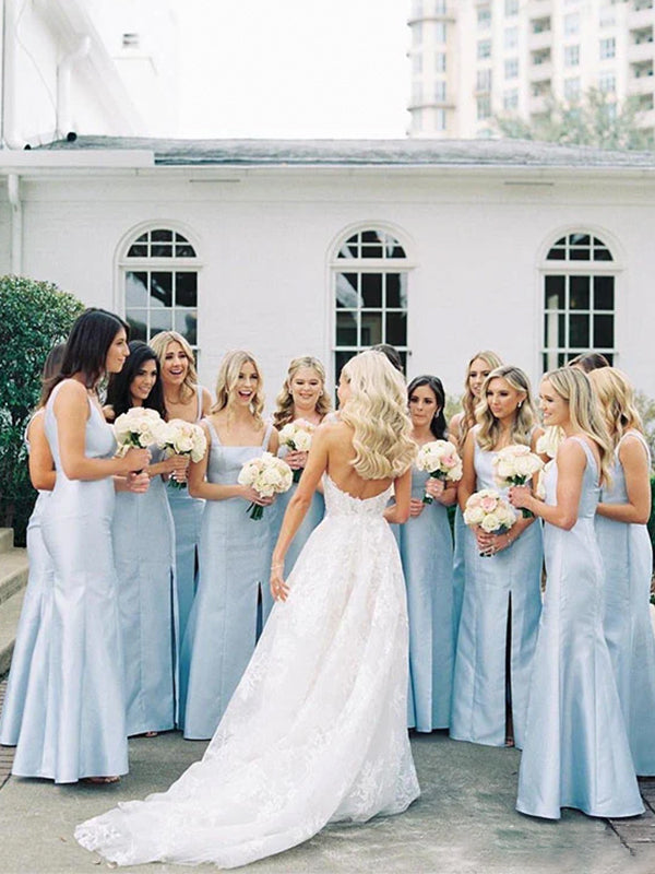 Elegant Blue Square Neck Maxi Bridesmaid Dress with Side Slit for Wedding Party, BDS0251 (Copy)
