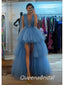 Sexy Dusty Blue V-Neck A-line High Low Long Party Prom Dresses,WGP283