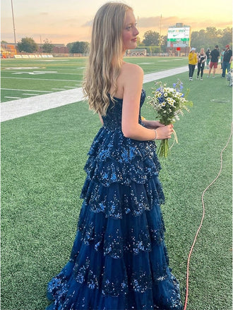 Sparkly Blue Sequins One Shoulder Side Slit A-line Evening Gown, Prom Dress, WGP588