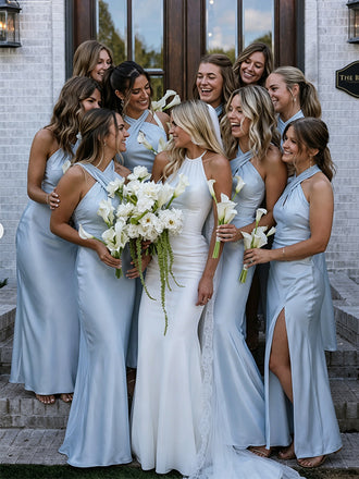 Elegant Light Blue Satin Halter Maxi Bridesmaid Dress for Wedding Party, BDS0253