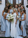 Elegant Light Blue Satin Halter Maxi Bridesmaid Dress for Wedding Party, BDS0253