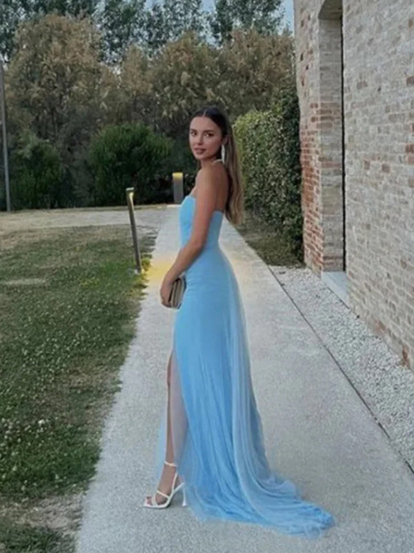 Elegant Blue Mermaid Side Slit Strapless Maxi Long Party Prom Dresses,WGP300