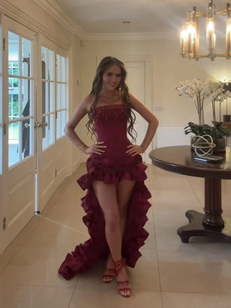 Sexy Burgundy Strapless High Low Prom Party Dress, Evening Dress, WGP2276