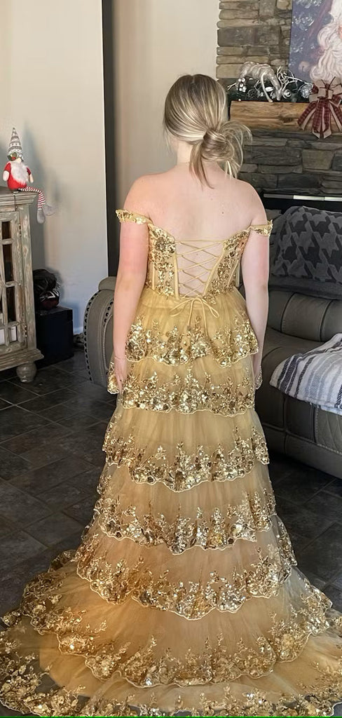 Elegant Yellow Off Shoulder A-line Sequins Ruffles Side Slit Lace Up Back Long Prom Dresses,WGP410
