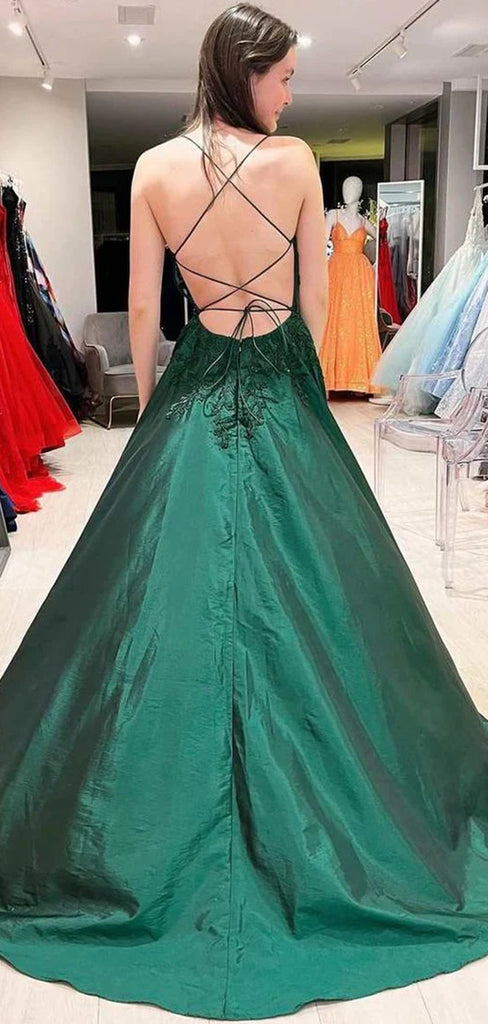 Elegant Green A-line Side Slit With Lace Appliques Spaghetti Straps  Lace Up Back Prom Dresses,WGP398
