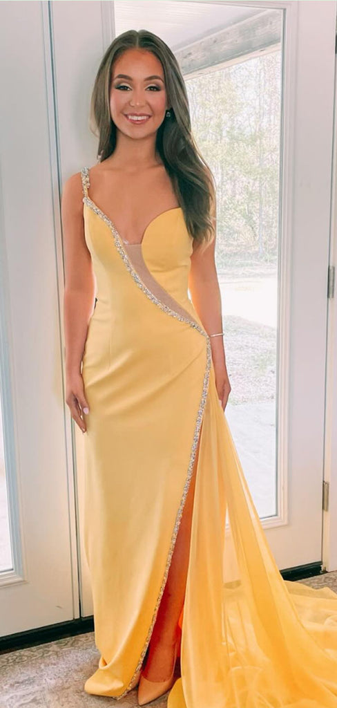 Popular Yellow Spagehetti Straps Mermaid Long Formal Gown to Impress,WGP1805