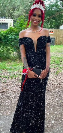 Sparkly Black Off-shoulder Mermaid Long Formal Gown to Impress,WGP1902