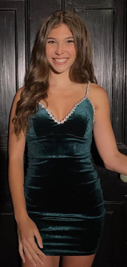 Elegant Green Spaghetti Straps V-neck Homecoming Dress Graduation Party Dress , QB0907