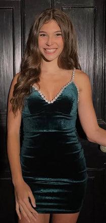 Elegant Green Spaghetti Straps V-neck Homecoming Dress Graduation Party Dress , QB0907