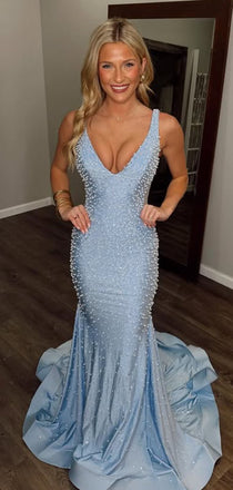 Sparkly Blue V-neck Mermaid Long Formal Gown to Impress,WGP1862