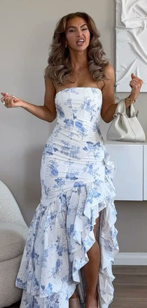 Elegant White and Blue Mermaid Straight Across Long Formal Gown to Impress,WGP1757