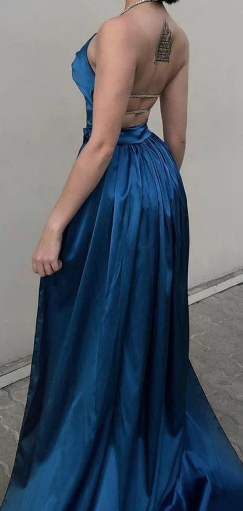 Sexy Halter With Pleats Side Slit Backless Blue Sheath Evening Prom Dresses ,WGP394