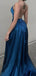 Sexy Halter With Pleats Side Slit Backless Blue Sheath Evening Prom Dresses ,WGP394