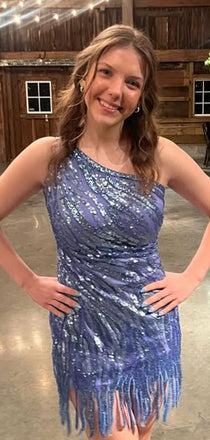 Sparkly Blue One-shoulder Homecoming Dress Graduation Party Dress , QB0914