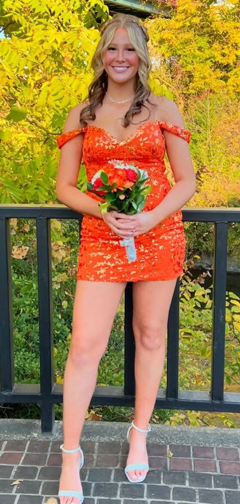 Sparkly Orange Off-shoulder Homecoming Dress Graduation Party Dress , QB0919