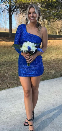 Popular Blue One-sleeve Homecoming Dress Graduation Party Dress , QB0913