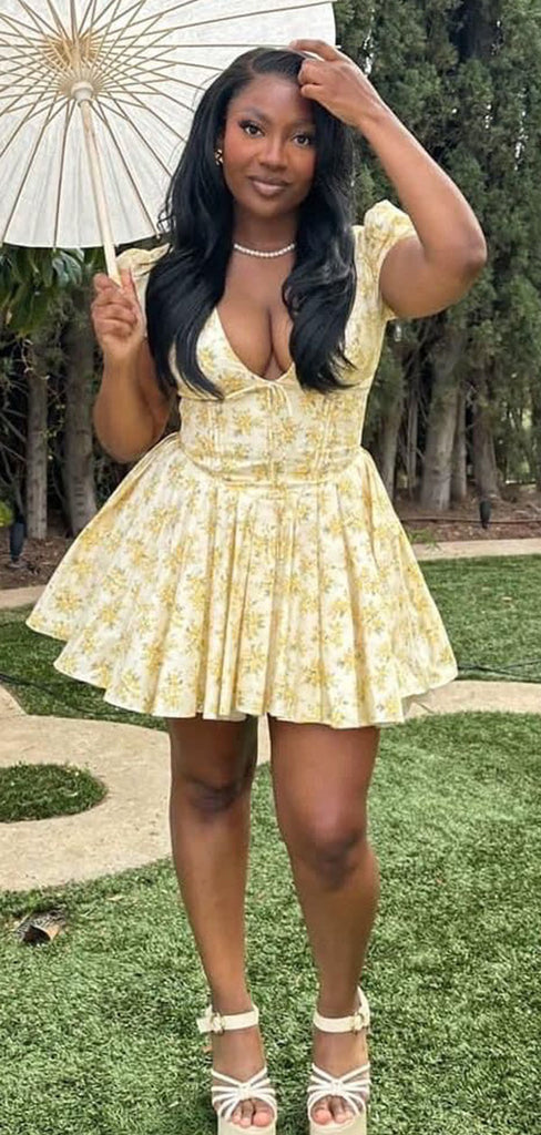 Floral Yellow V-neck Homecoming Dress Graduation Party Dress , QB0879