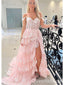 Elegant Pink Off Shoulder A-line Sequins Ruffles Side Slit Lace Up Back Long Prom Dresses,WGP412