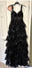 Elegant Black Spaghetti Strap A-line Sequins Ruffles Side Slit Long Prom Dresses,WGP413