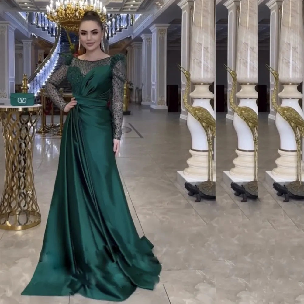 Green Long Sleeves Jewel Maxi Long Party Prom Dresses Online,WGP285