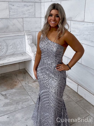 Sparkly Gray One-shoulder Mermaid Long Formal Gown to Impress,WGP1820