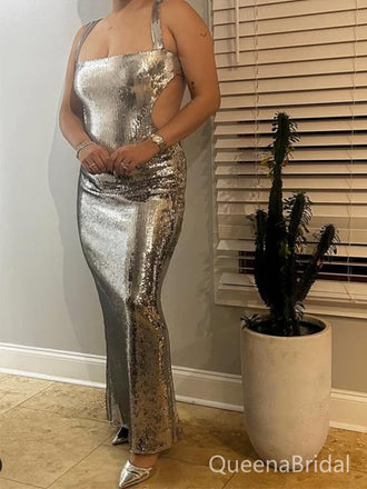 Sparkly Gray Spaghetti Straps Mermaid Long Formal Gown to Impress,WGP1827