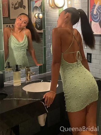 Popular Green Spaghetti Straps Homecoming Dress Graduation Party Dress , QB0895