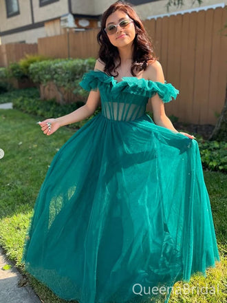 Elegant Green Off-shoulder A-line Long Formal Gown to Impress,WGP1786