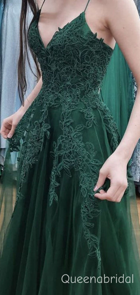 Elegant Green Spaghetti Strap A-line Lace Tulle Prom Dress, Evening Dress, WGP2279