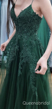 Elegant Green Spaghetti Strap A-line Lace Tulle Prom Dress, Evening Dress, WGP2279