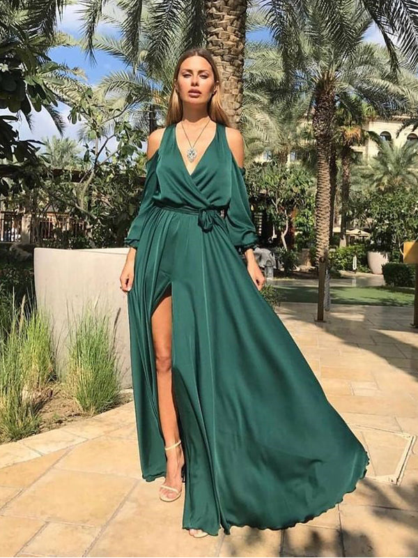 Sexy Green A-line Cold Shoulder Side Slit Maxi Long Party Prom Dresses,WGP331