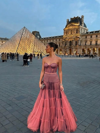 Elegant Hot Pink Sweetheart Strapless A-line Ruffled A-line Evening Gown, Prom Dress, WGP2291