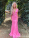 Hot Pink Mermaid V-neck Long Lace Party Prom Dresses,Evening Dresses,WGP382