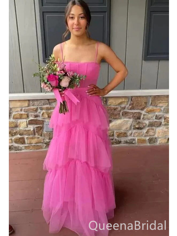Hot Pink A-line Spaghetti Straps Maxi Long Party Prom Dresses, Wedding Party Dresses,WGP293