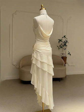 Elegant Ivory Chiffon Cowl Neck Asymmetric Maxi Ruffled Evening Gown, Prom Dress, WGP2282