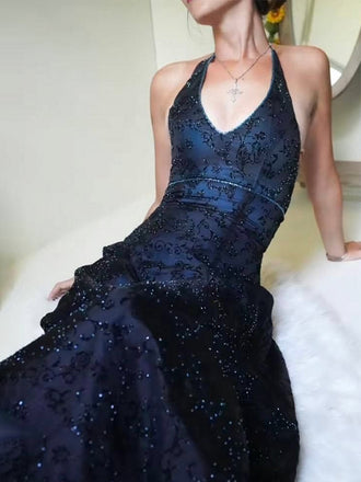Sparkly Navy Halter Lace Beaded A-line Evening Gown, Prom Dress, WGP2279